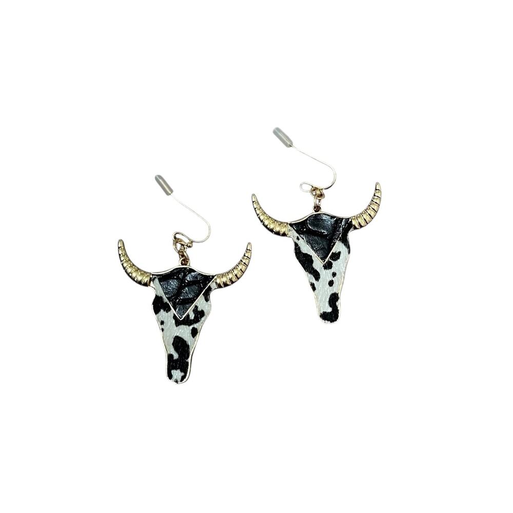 Western Bull Head Cow Print Furry Texture Gold Tone Boho Dangle Earrings